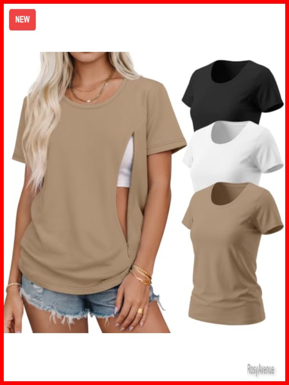 3 Pack Nursing Tops for Women Short Sleeve Concealed Zipper Breastfeeding Tees